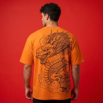 Dragon King Oversized Orange Streetwear T-Shirt | Bold Japanese Dragon Back Graphic