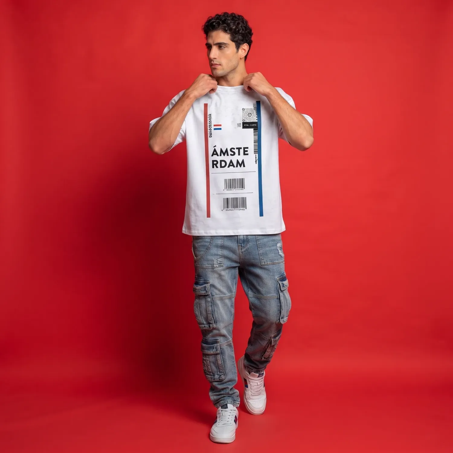 Amsterdam Boarding Pass Oversized White T-Shirt | Minimalist Travel Graphic Tee