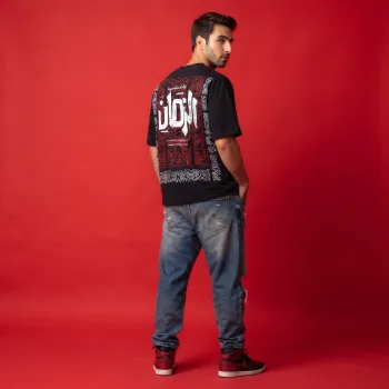 Arabic Typography Oversized Black T-Shirt | Bandana Print Back Graphic Streetwear Tee