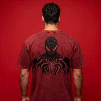 Spider-Man Oversized Acid-Wash Maroon T-Shirt | Tribal Spider Back Graphic Tee