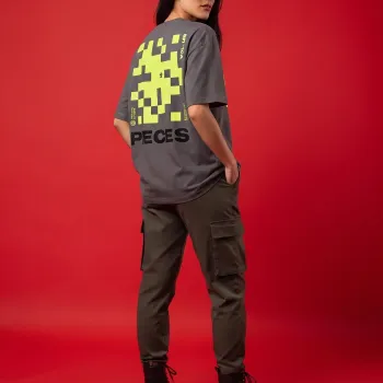 Pieces Vol. 116 Oversized Charcoal & Neon Yellow T-Shirt | Glitch Pixel Art Back Graphic Tee