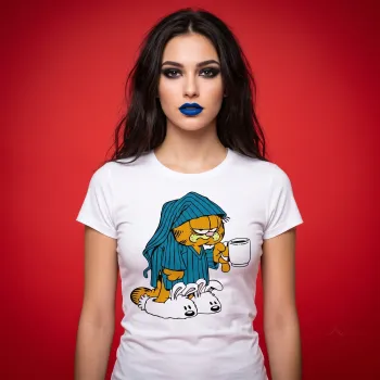 Sleepy Garfield Morning Coffee White T-Shirt | Premium DTF Print 100% Cotton