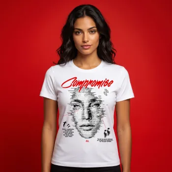 "Compromise" Urban Glitch Art Graphic White Cotton T-Shirt for Women