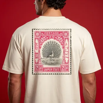 "Jaipur State Peacock Postage" Vintage Oversized Graphic Off-White T-Shirt for Men