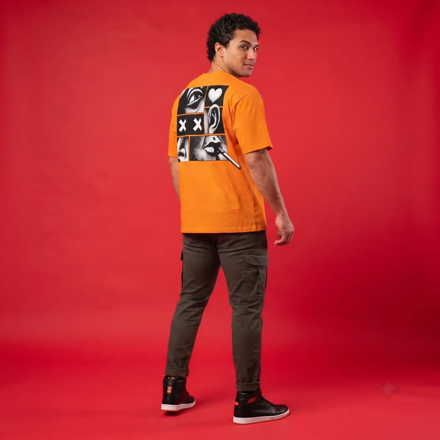 "Pop Art Comic Panel" Vibrant Orange Oversized Graphic T-Shirt for Men