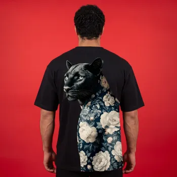 Kemeh Artwear "Nocturnal Elegance" Black Panther & Vintage Floral Heavyweight Oversized T-Shirt