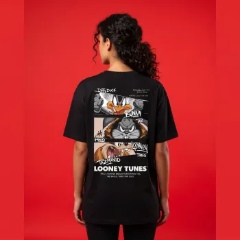 Looney Tunes Comic Panel Oversized Graphic Tee | Premium Black Streetwear T-Shirt with Back Print