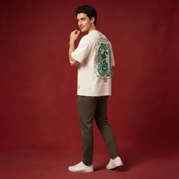 Good Luck Chinese Calligraphy Oversized Graphic Tee | Premium Off-White Streetwear T-Shirt with Green Back Print
