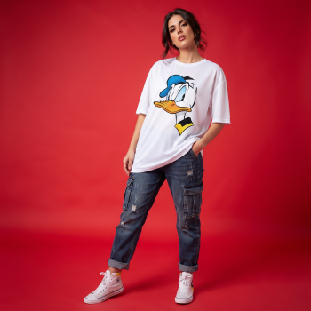 Disney Official Donald Duck Graphic Oversized White T-Shirt | Premium 800 DPI DTF Print | Wrinkle-Free Streetwear