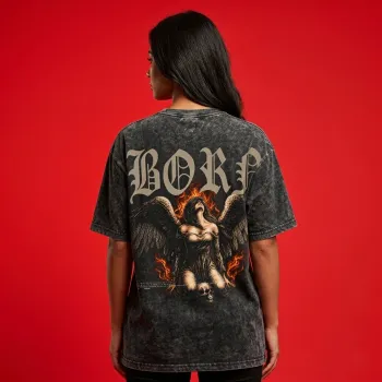 Born Fallen Angel Graphic Dark Grey Acid Wash T-Shirt