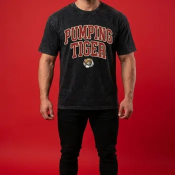Pumping Tiger Varsity Arch Dark Grey Acid Wash T-Shirt
