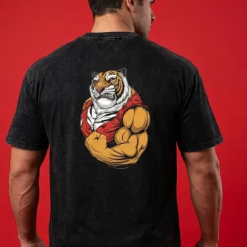 Pumping Tiger Varsity Arch Dark Grey Acid Wash T-Shirt