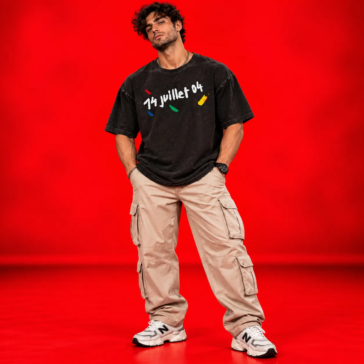74 Juillet 04 Oversized Black Acid Wash T-Shirt | Artistic Streetwear
