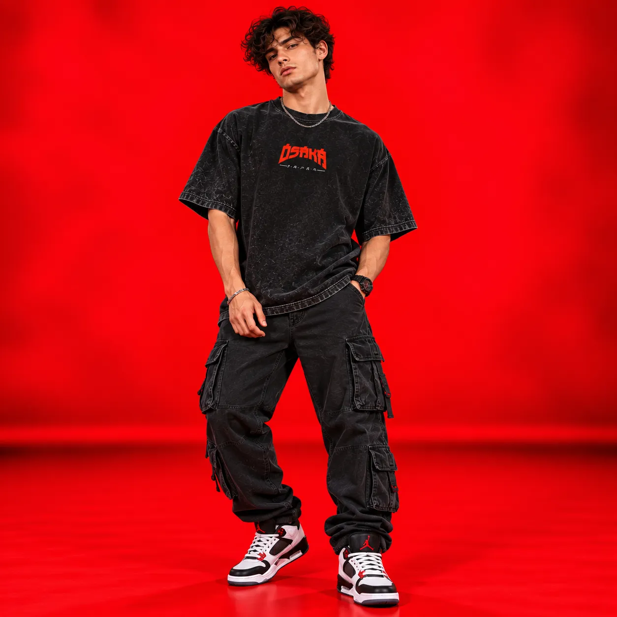 Osaka Japan Oversized Black Acid Wash T-Shirt | Graphic Streetwear