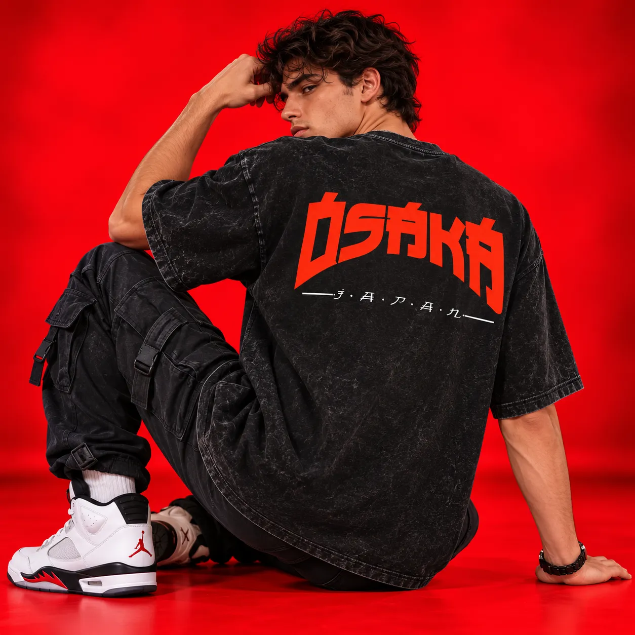 Osaka Japan Oversized Black Acid Wash T-Shirt | Graphic Streetwear