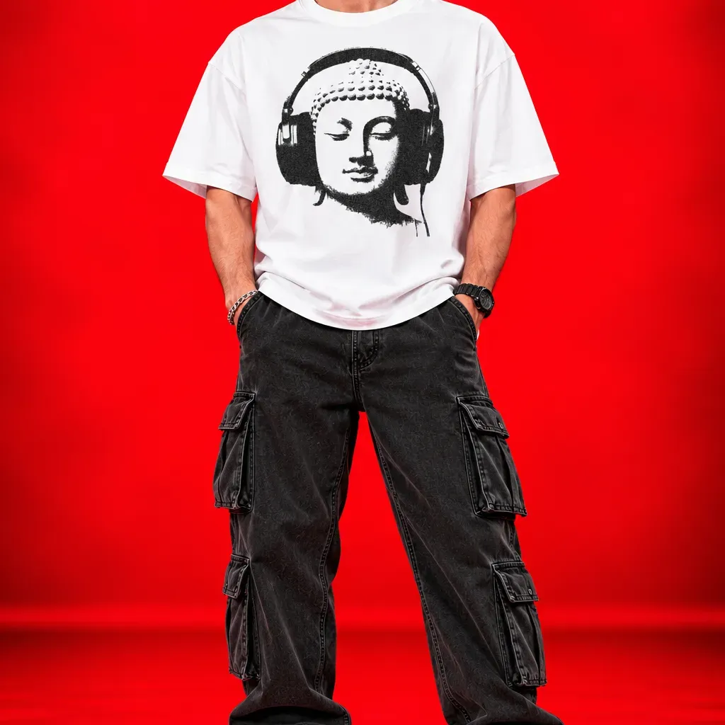 Buddha Headphones Oversized White T-Shirt