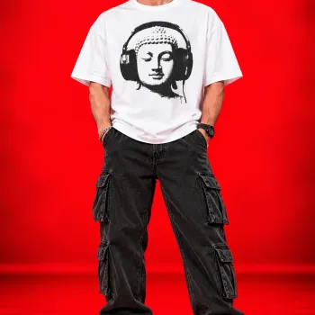 Buddha Headphones Oversized White T-Shirt