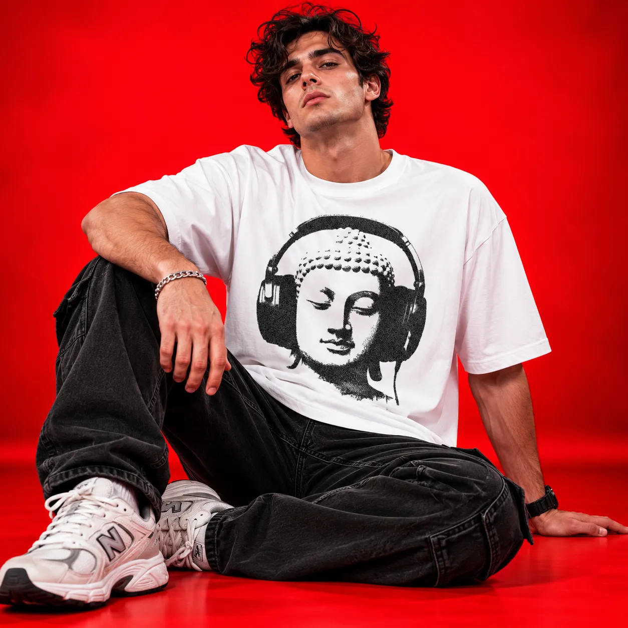 Buddha Headphones Oversized White T-Shirt