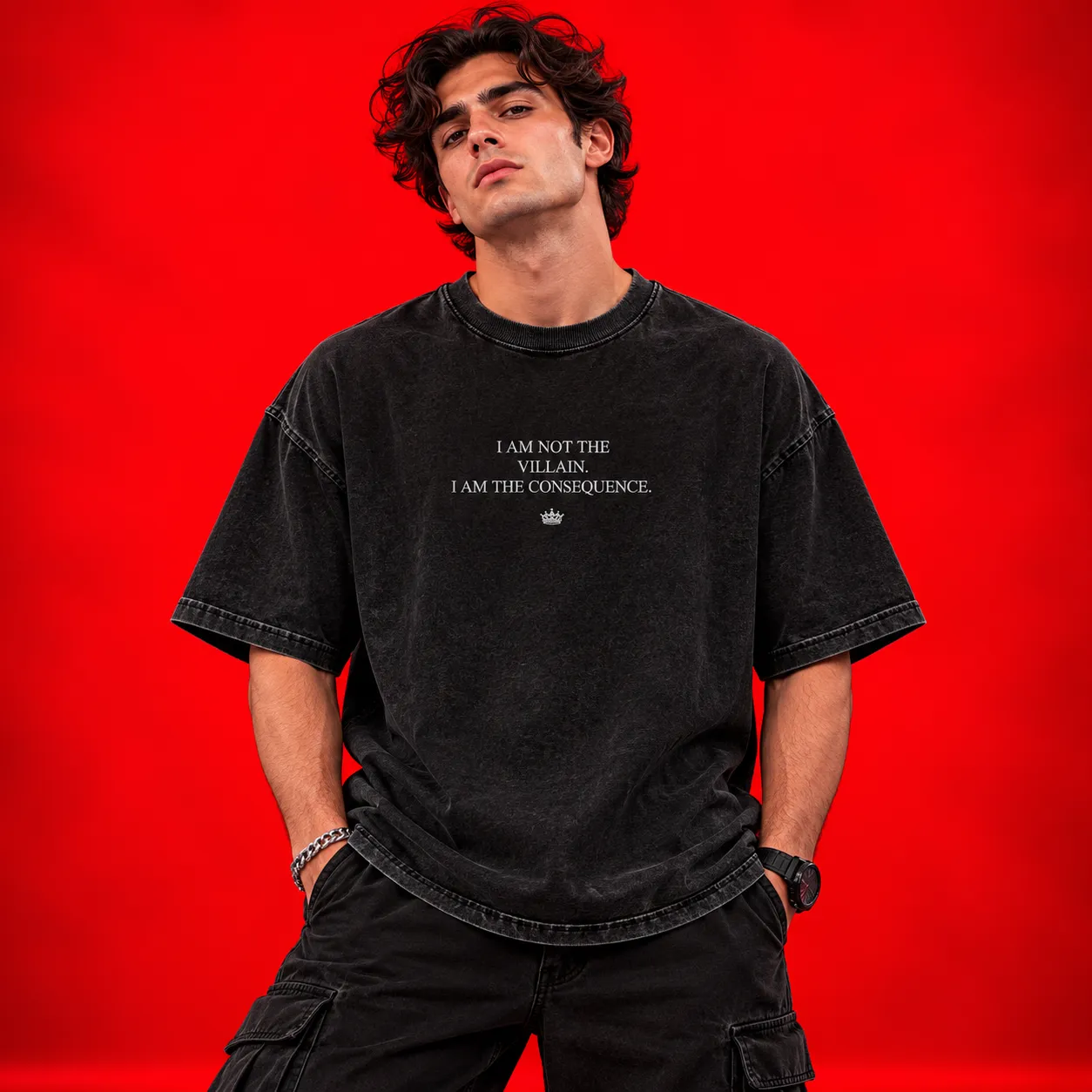 I Am Not the Villain Oversized Black Acid Wash T-Shirt