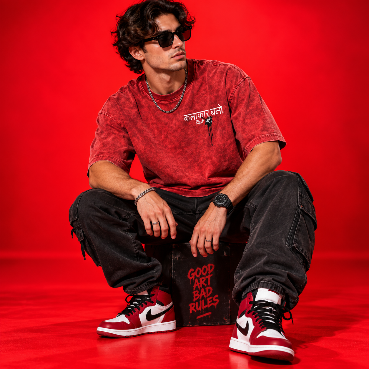 Kalakar Bano Oversized Acid Wash Red T-Shirt