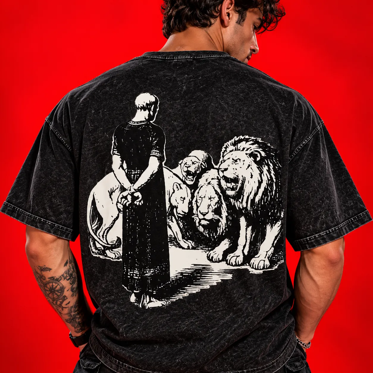 Lions & Fearless Warrior Oversized Acid Wash T-Shirt – Bold Back Graphic