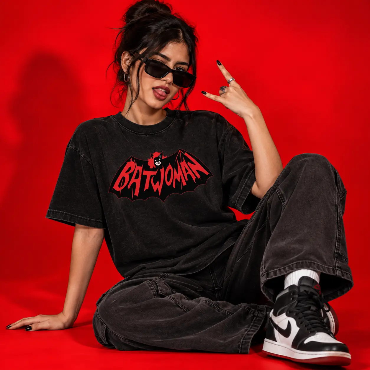 Batwoman Oversized Acid Washed Graphic T-Shirt