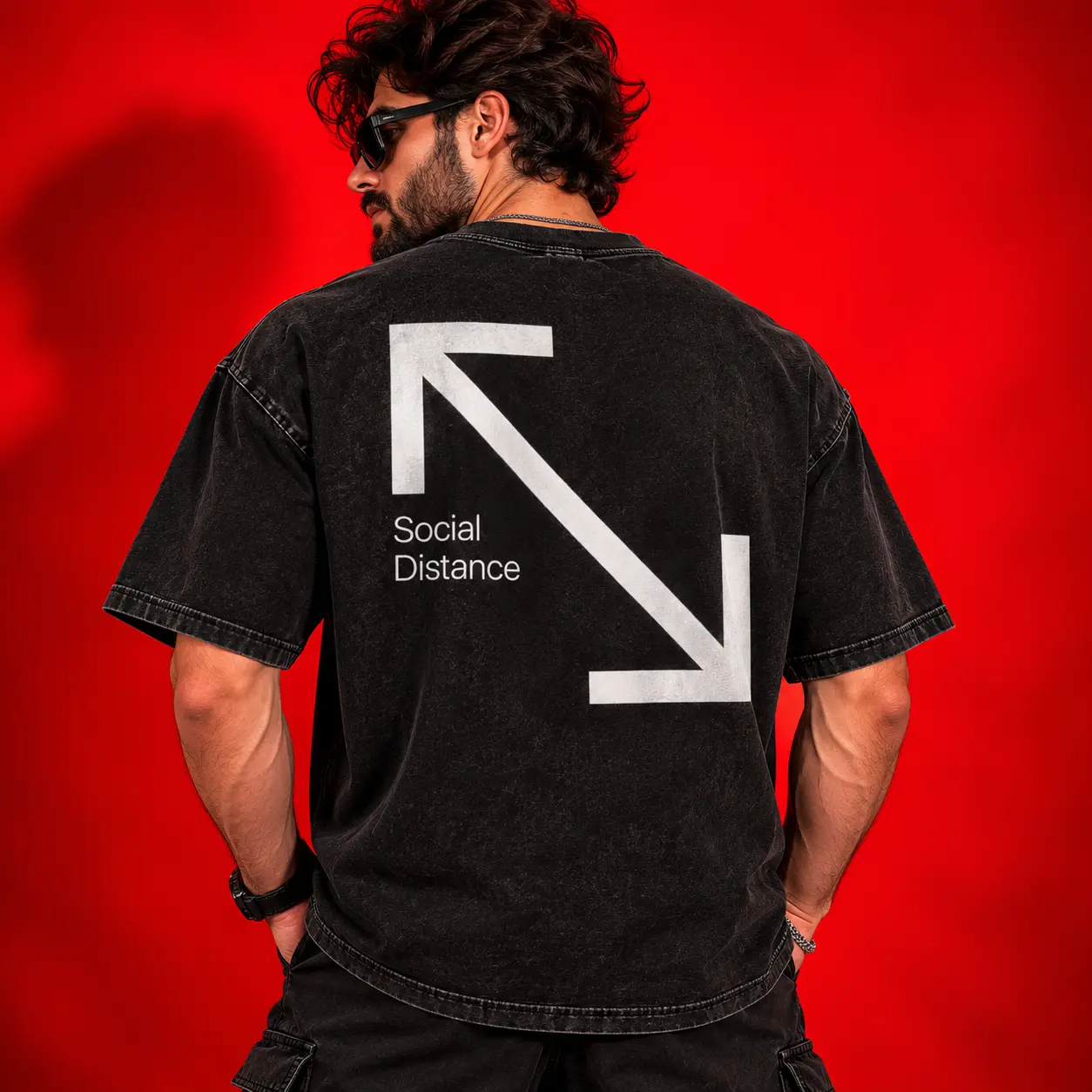 Social Distance Oversized Acid Washed Graphic T-Shirt