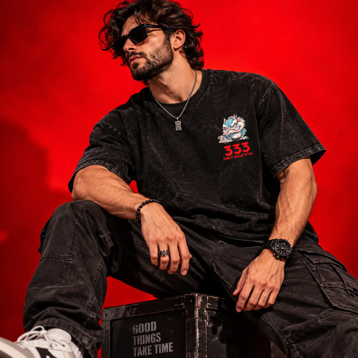 333 Only Half Evil Oversized Acid Washed Graphic T-Shirt
