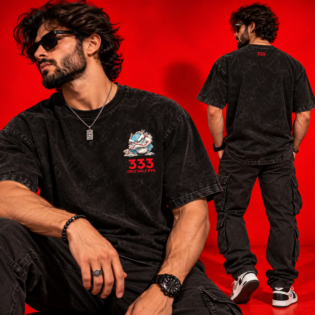 333 Only Half Evil Oversized Acid Washed Graphic T-Shirt