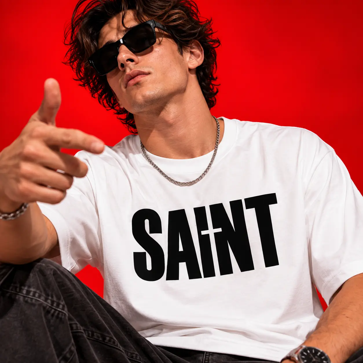 SAINT Graphic Print Oversized White T-Shirt for Men