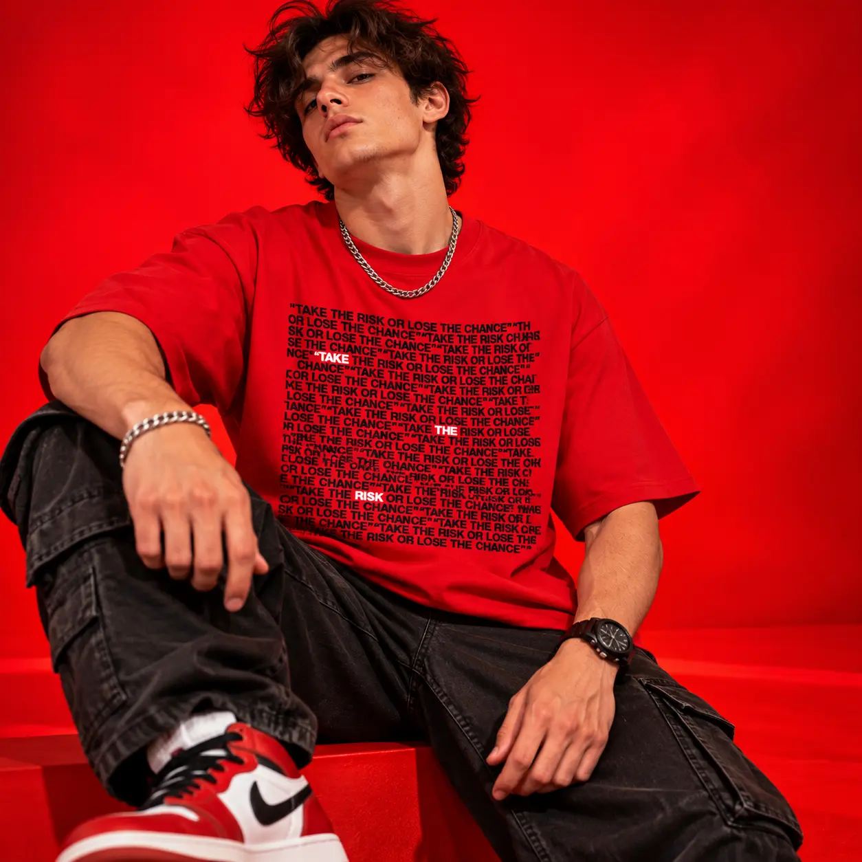 Take the Risk or Lose the Chance Oversized Red Graphic T-Shirt
