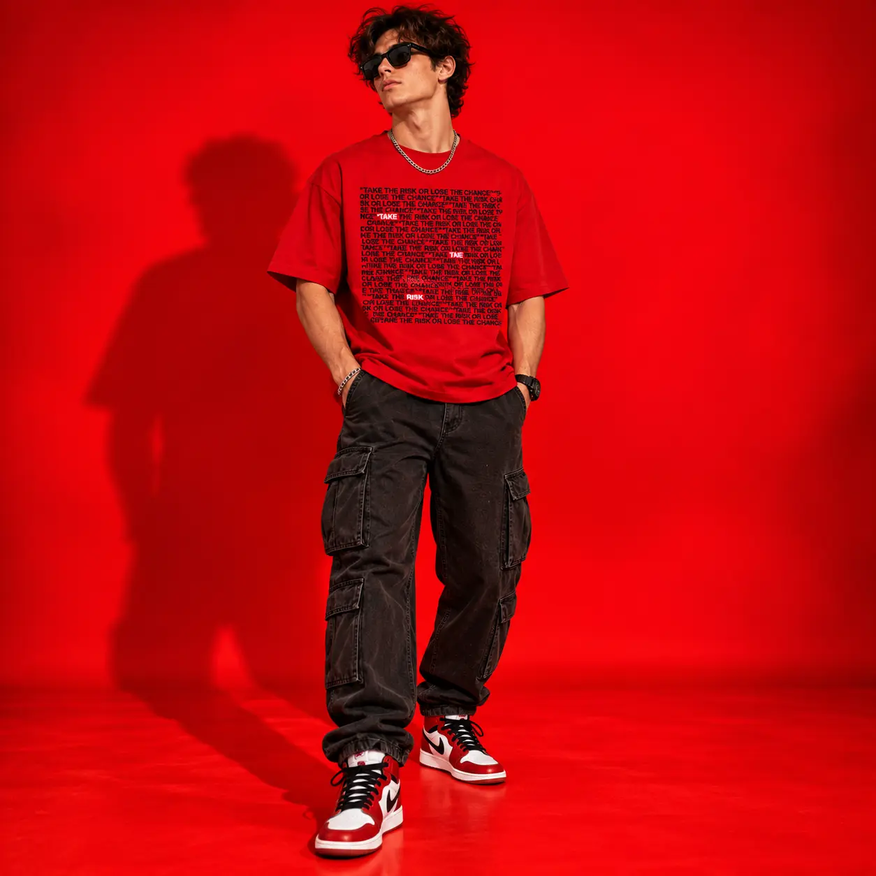 Take the Risk or Lose the Chance Oversized Red Graphic T-Shirt