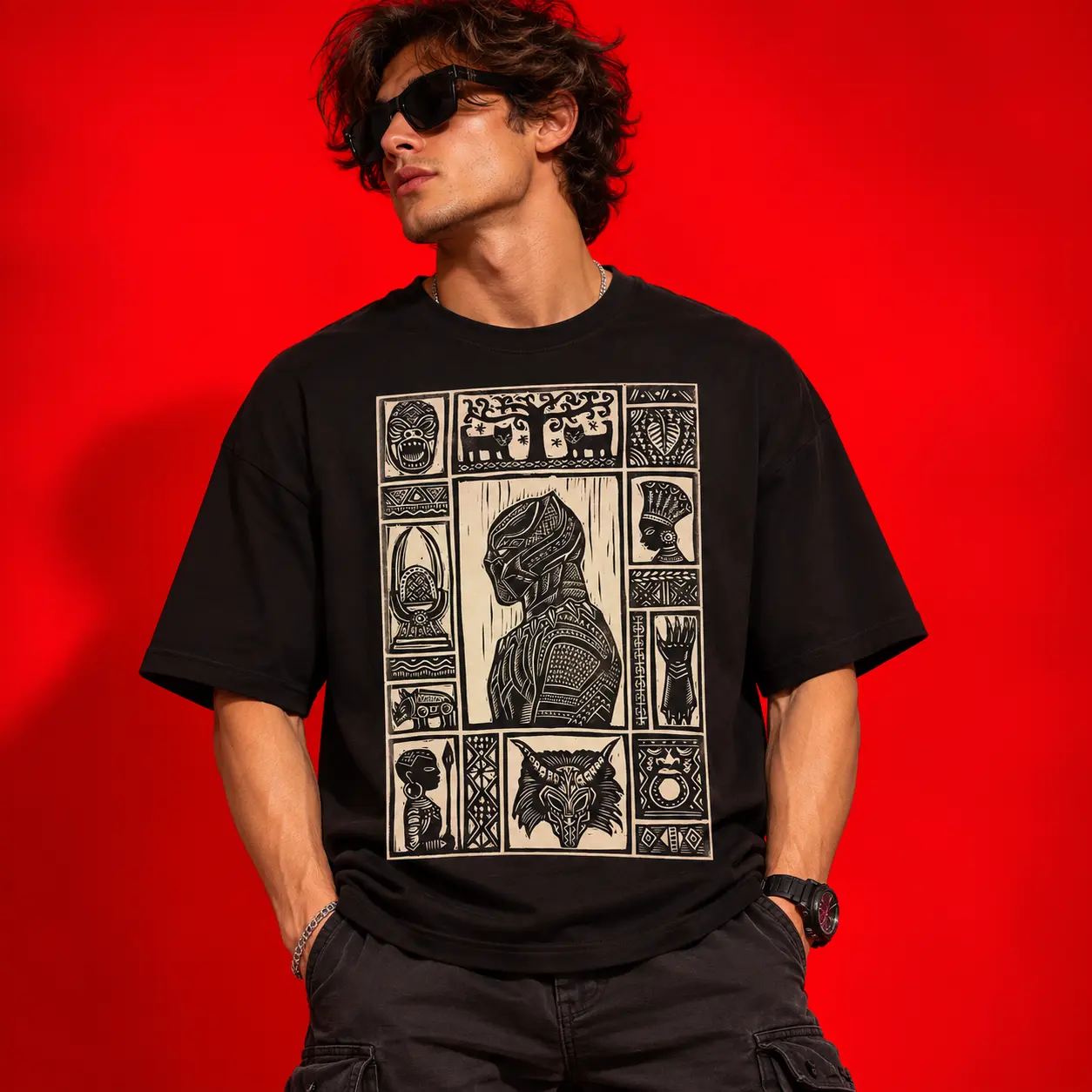 Tribal Warrior Oversized Black Graphic T-Shirt