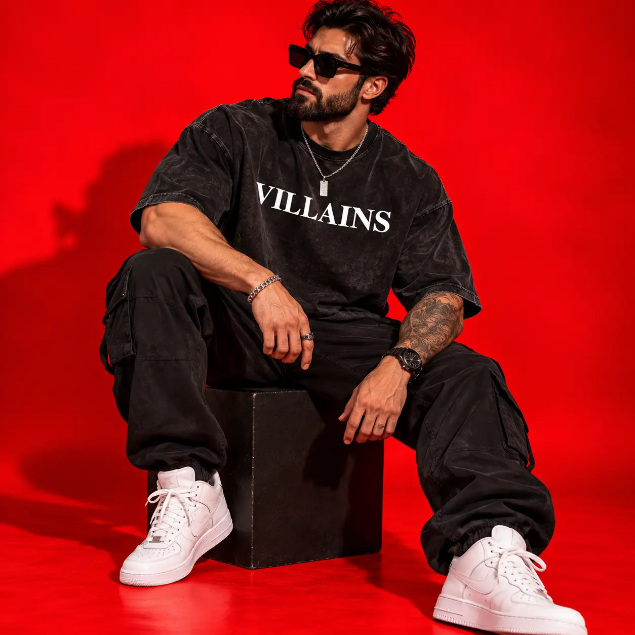 Barkhan Tiger Oversized Acid Washed Black T-Shirt
