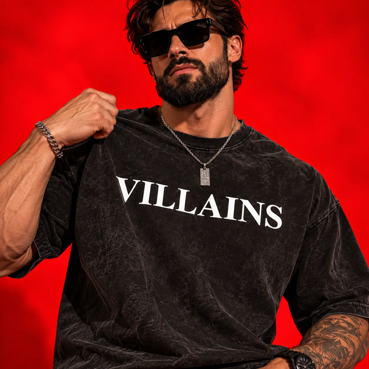 Barkhan Tiger Oversized Acid Washed Black T-Shirt