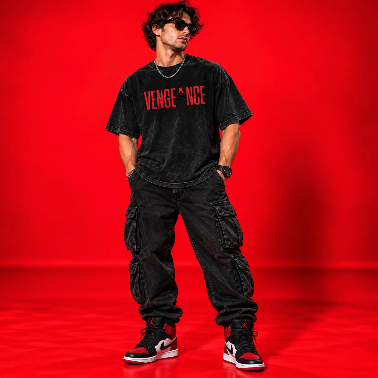 Vengeance Oversized Acid Wash Black T-Shirt