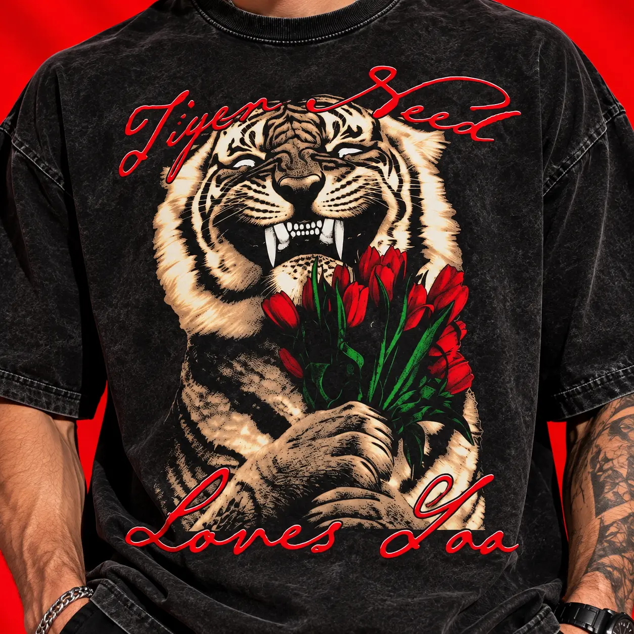 Tiger Seed Loves You Oversized Black Acid Washed T-Shirt | Tiger Graphic Tee