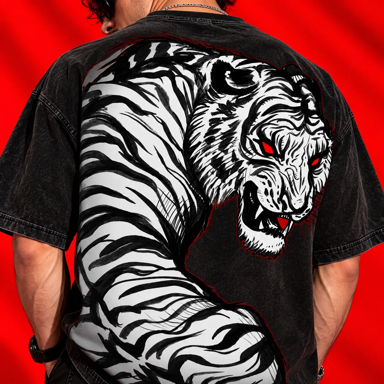 Tiger Seed Loves You Oversized Black Acid Washed T-Shirt | Tiger Graphic Tee