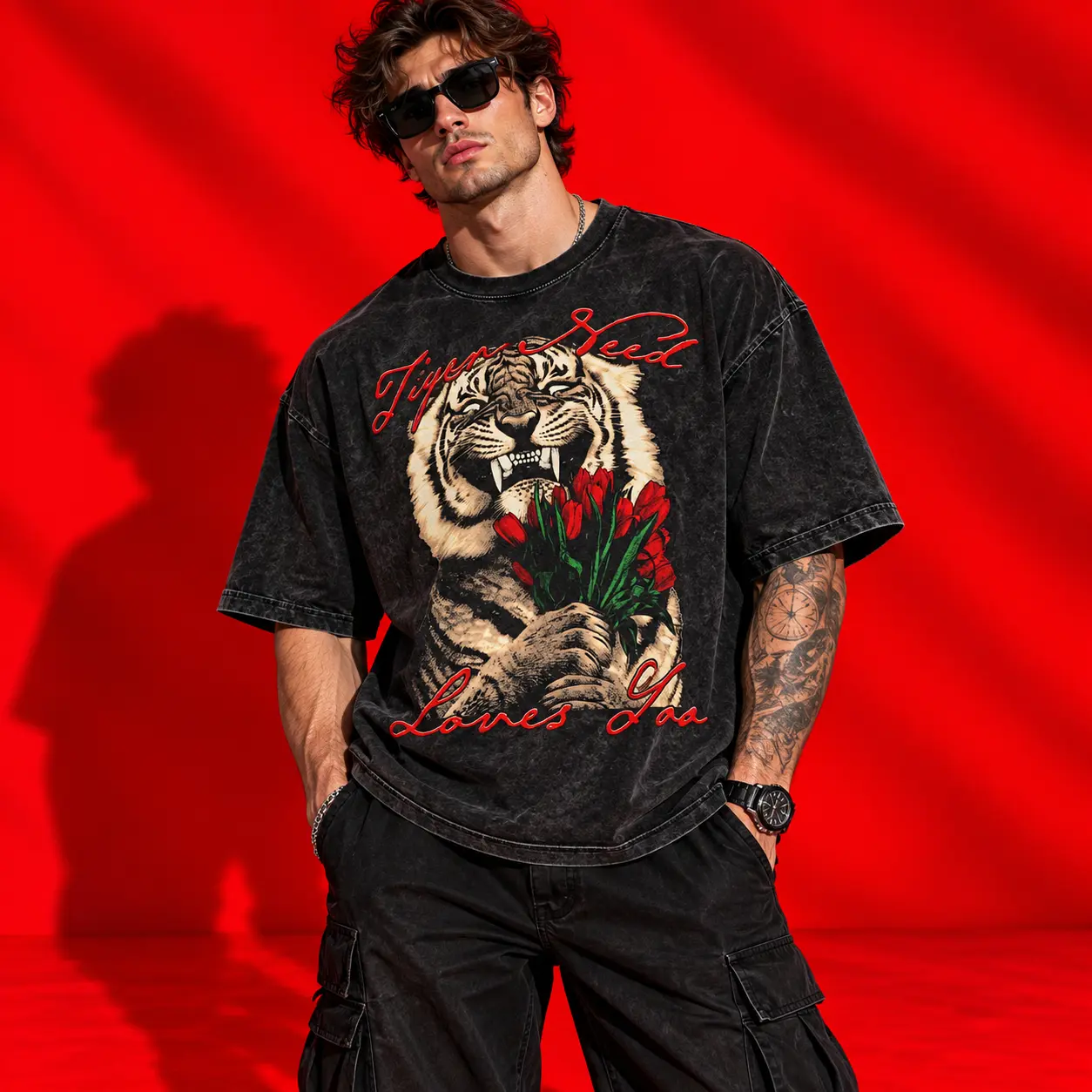 Tiger Seed Loves You Oversized Black Acid Washed T-Shirt | Tiger Graphic Tee