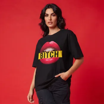 Black Oversized T-Shirt with 'BITCH' Lips DTF Print | Premium 240GSM Supercombed Cotton