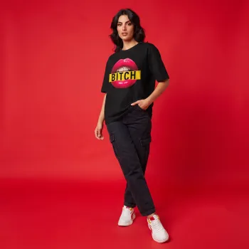 Black Oversized T-Shirt with 'BITCH' Lips DTF Print | Premium 240GSM Supercombed Cotton