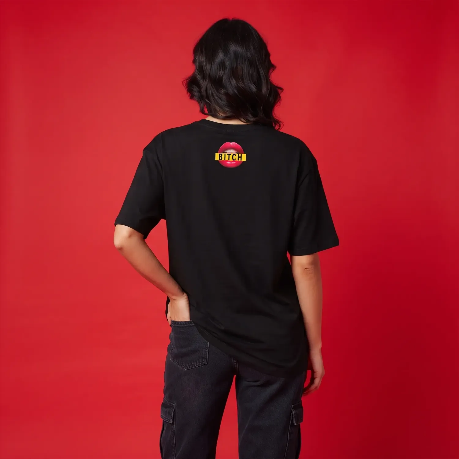 Black Oversized T-Shirt with 'BITCH' Lips DTF Print | Premium 240GSM Supercombed Cotton