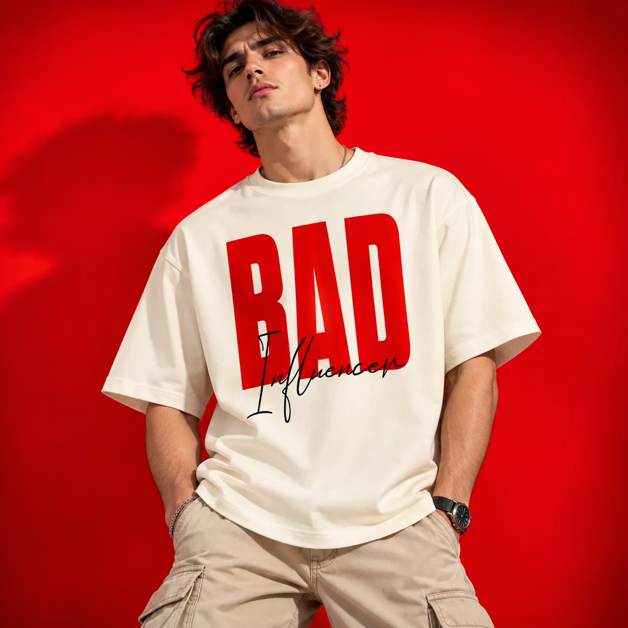 BAD Influencer Oversized Off-White Graphic T-Shirt – Streetwear