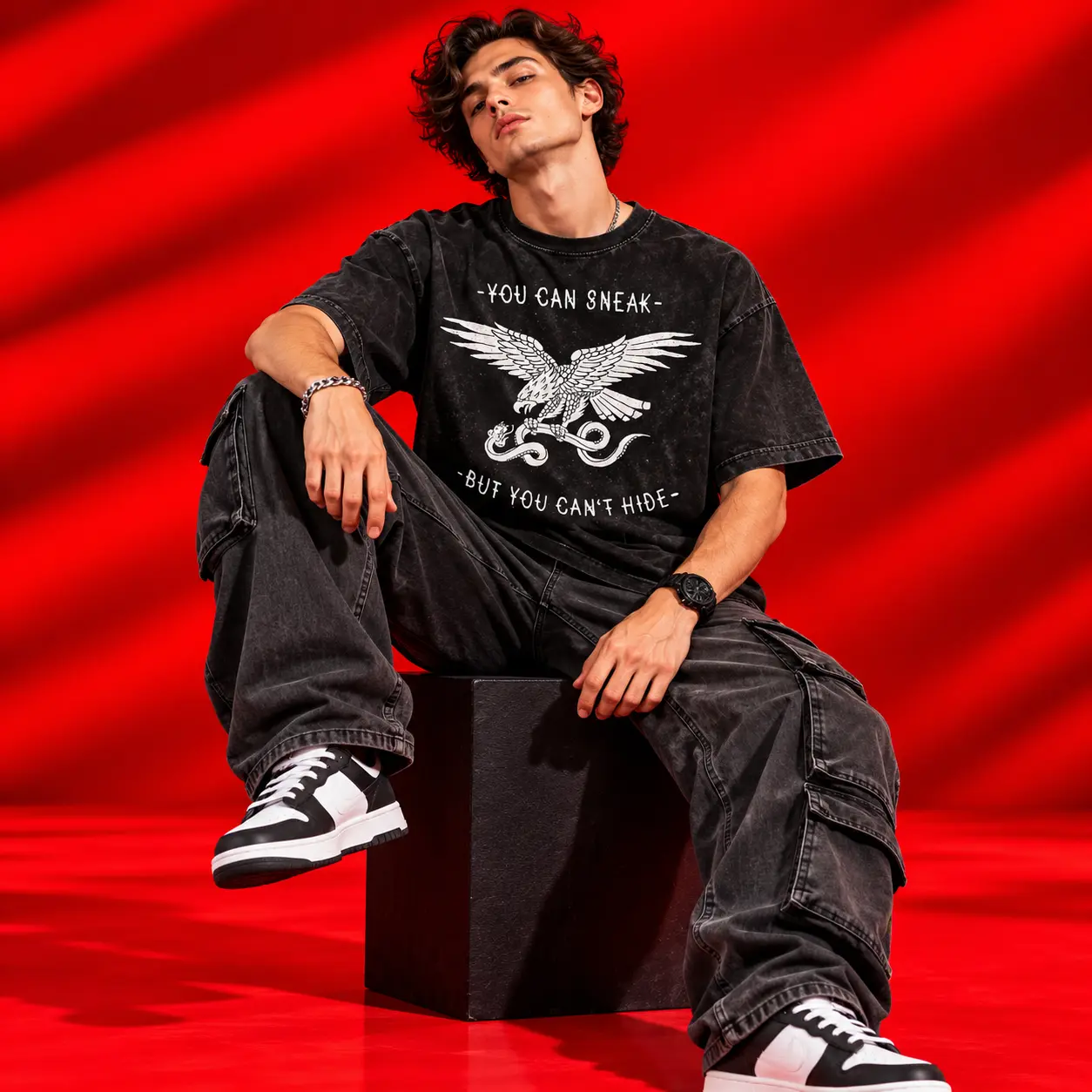You Can Sneak But You Can't Hide Oversized Acid-Wash T-Shirt | Eagle Graphic Streetwear