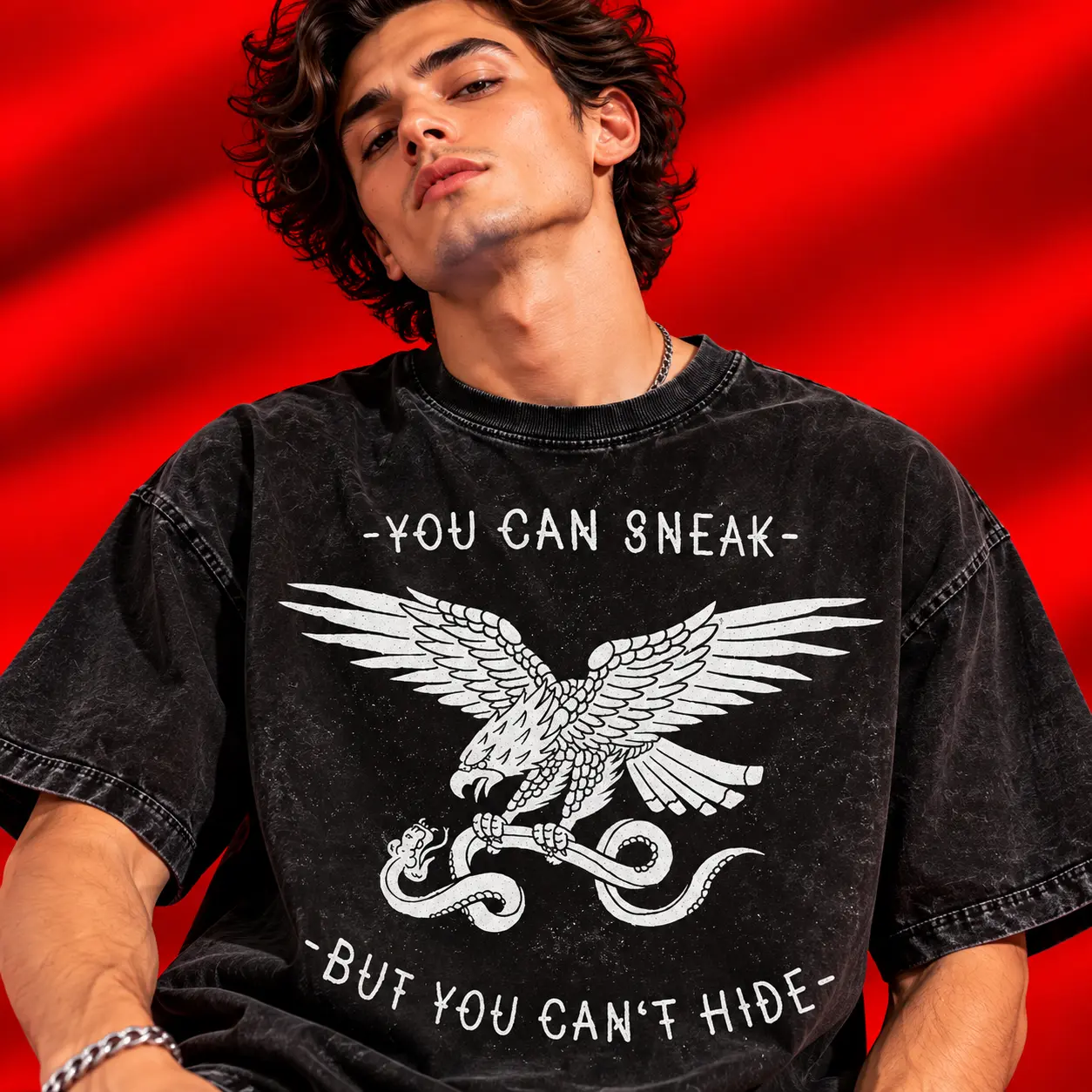 You Can Sneak But You Can't Hide Oversized Acid-Wash T-Shirt | Eagle Graphic Streetwear