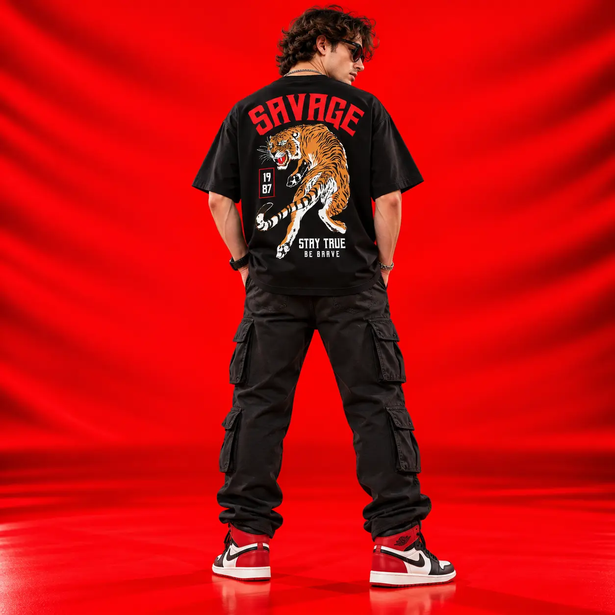 Savage Tiger Stay True Be Brave Oversized Black Graphic T-Shirt