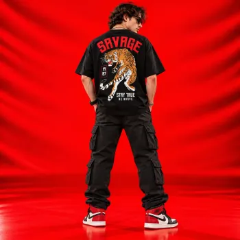 Savage Tiger Stay True Be Brave Oversized Black Graphic T-Shirt