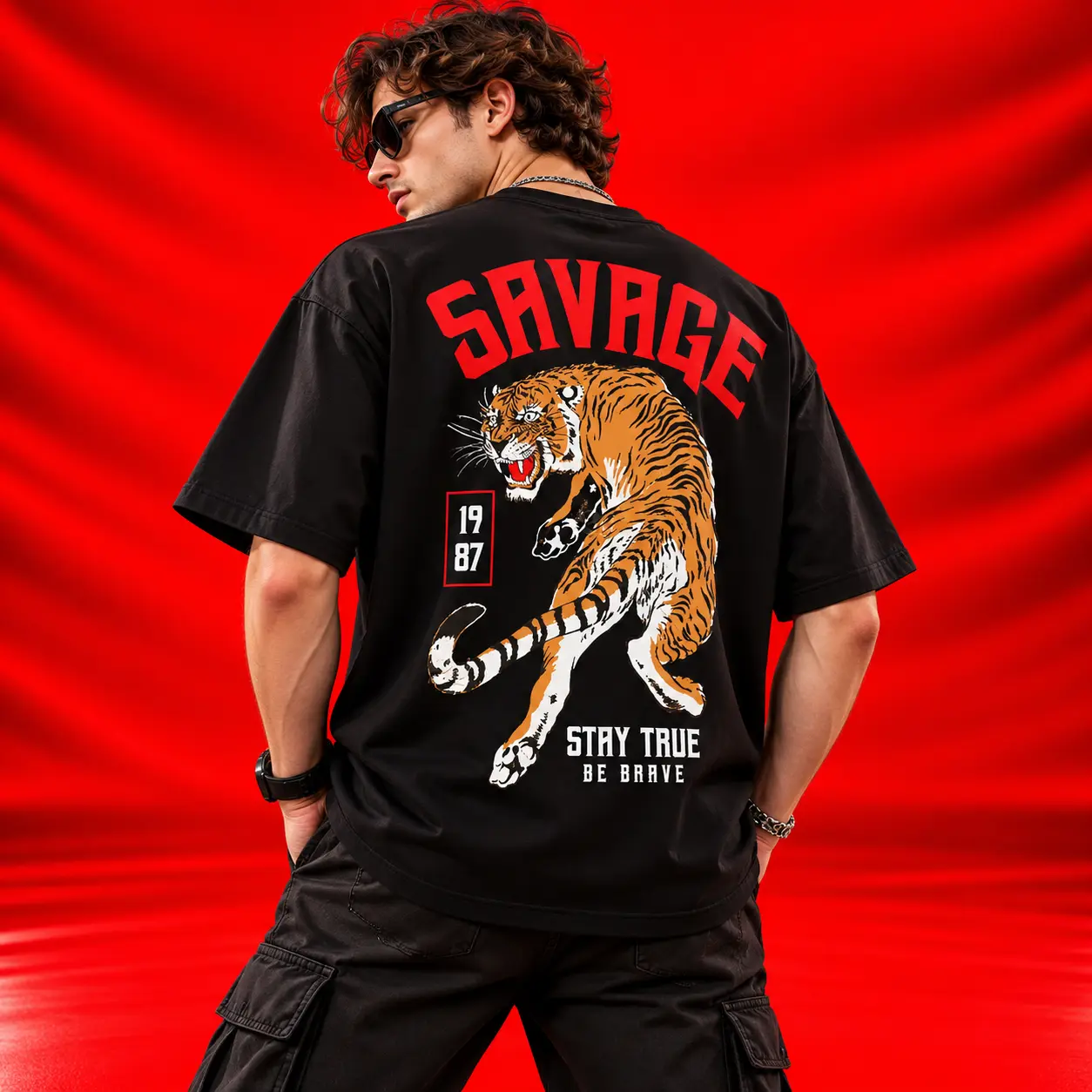Savage Tiger Stay True Be Brave Oversized Black Graphic T-Shirt