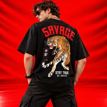 Savage Tiger Stay True Be Brave Oversized Black Graphic T-Shirt