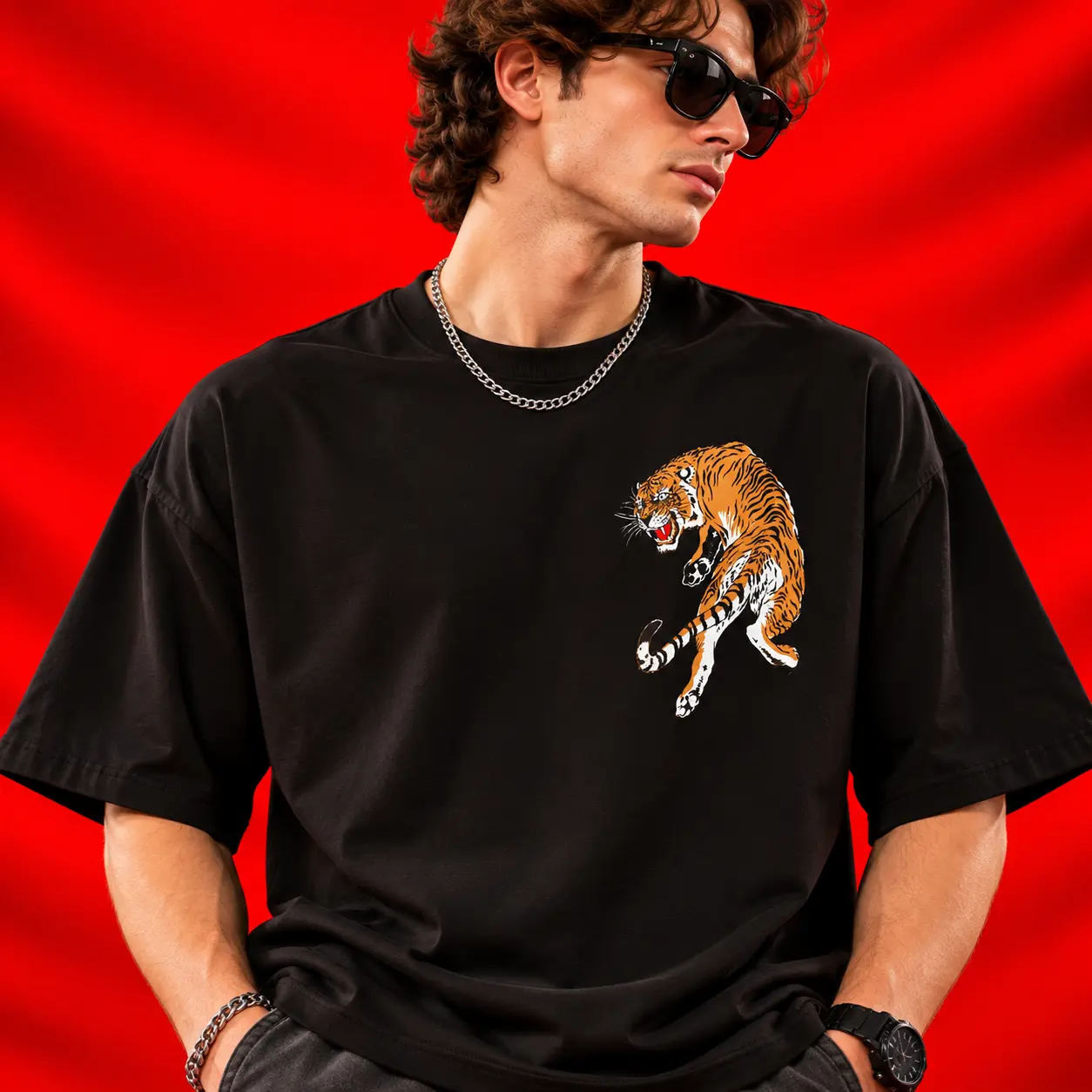 Savage Tiger Stay True Be Brave Oversized Black Graphic T-Shirt